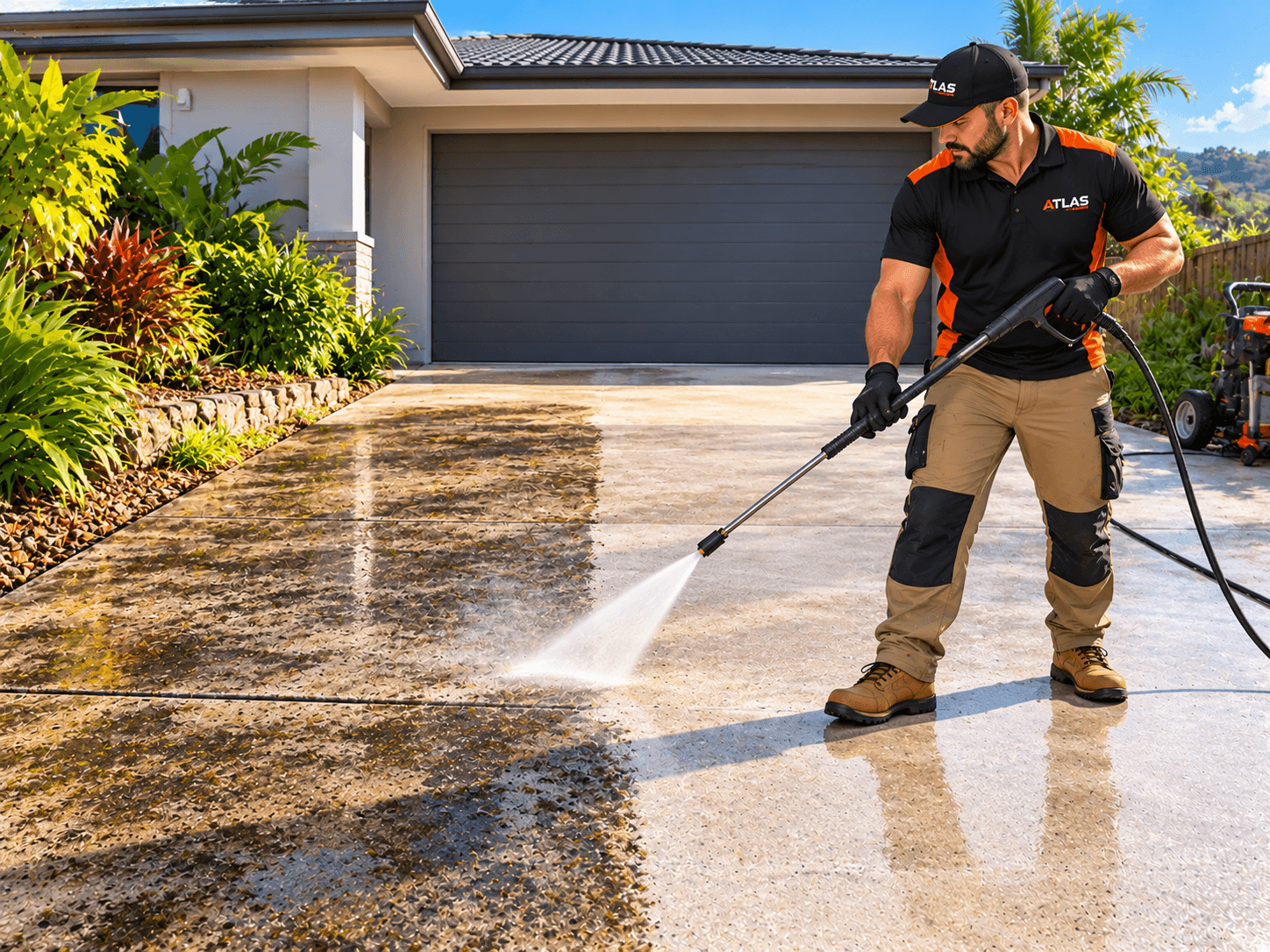 Pressure cleaning lifting built-up dirt and grime from a concrete driveway, with a clear line between the cleaned and untreated surface
