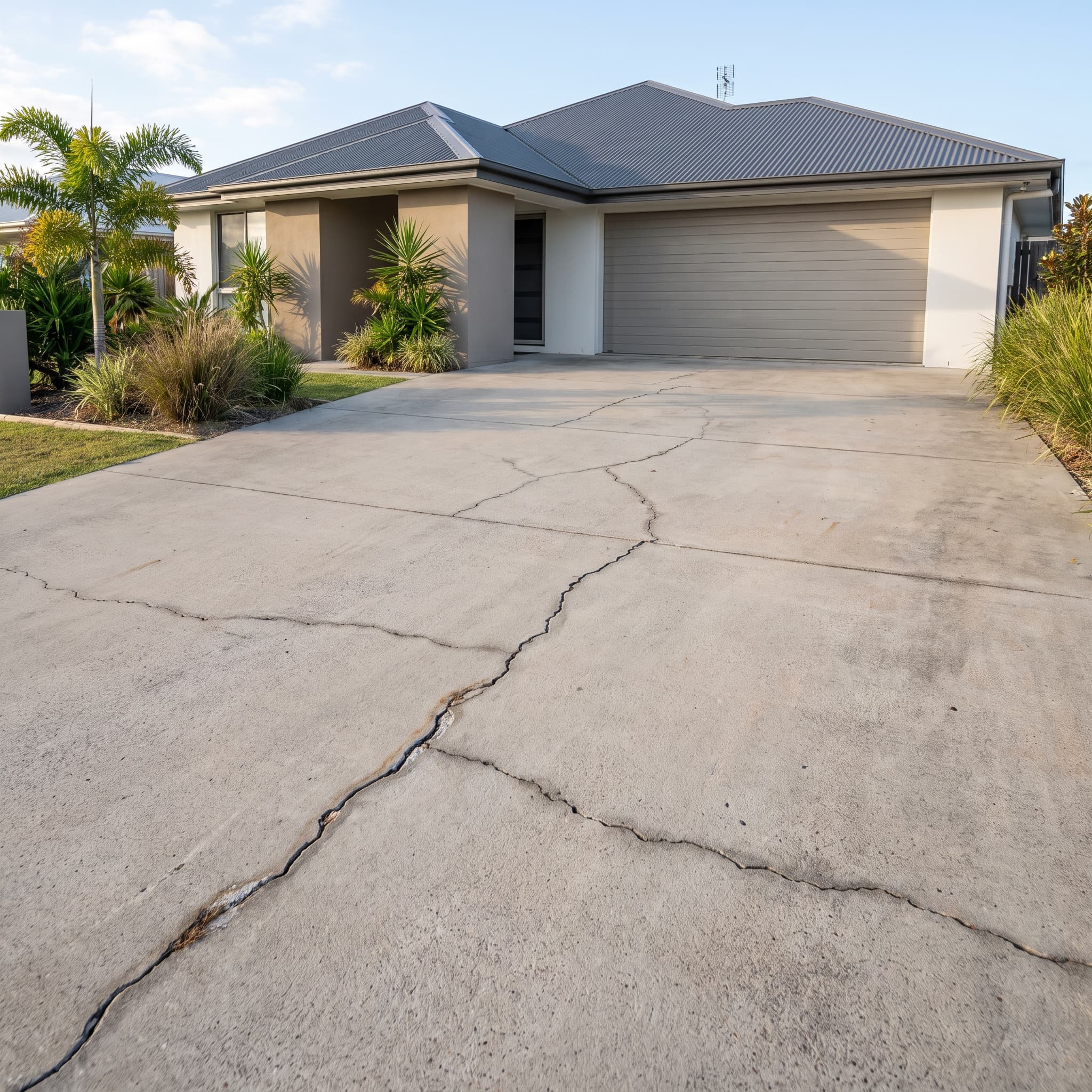 Cracked concrete driveway with a wide jagged crack running across the slab