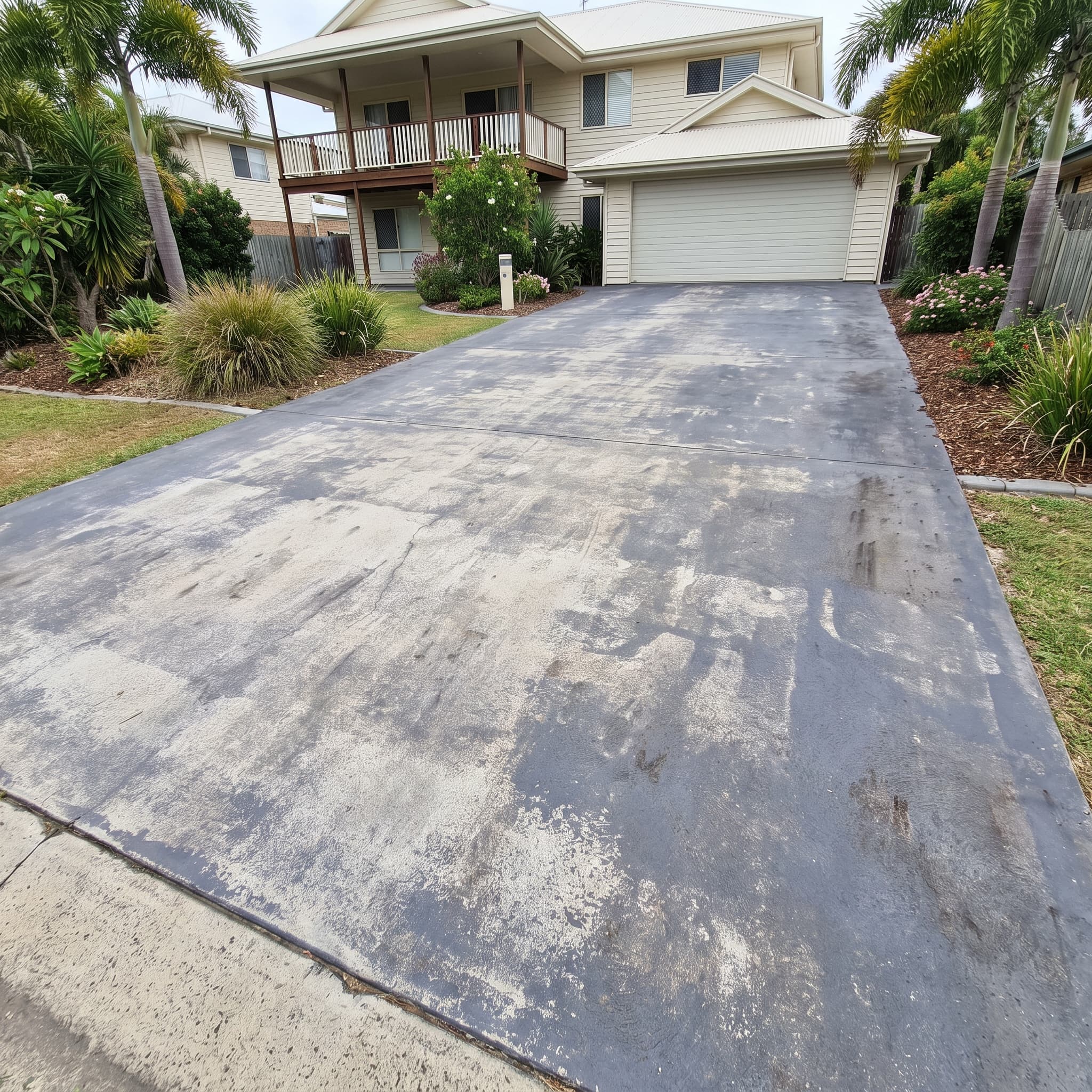 Faded, patchy discoloured concrete driveway in front of a residential home