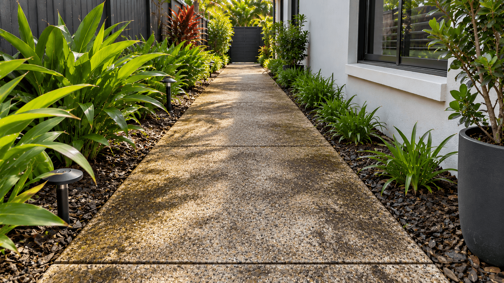 Mossy, stained garden path before cleaning