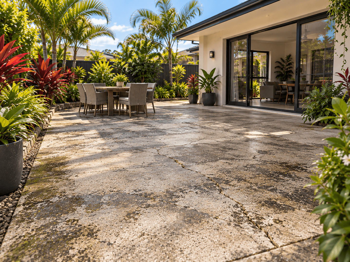Worn patio concrete before cleaning