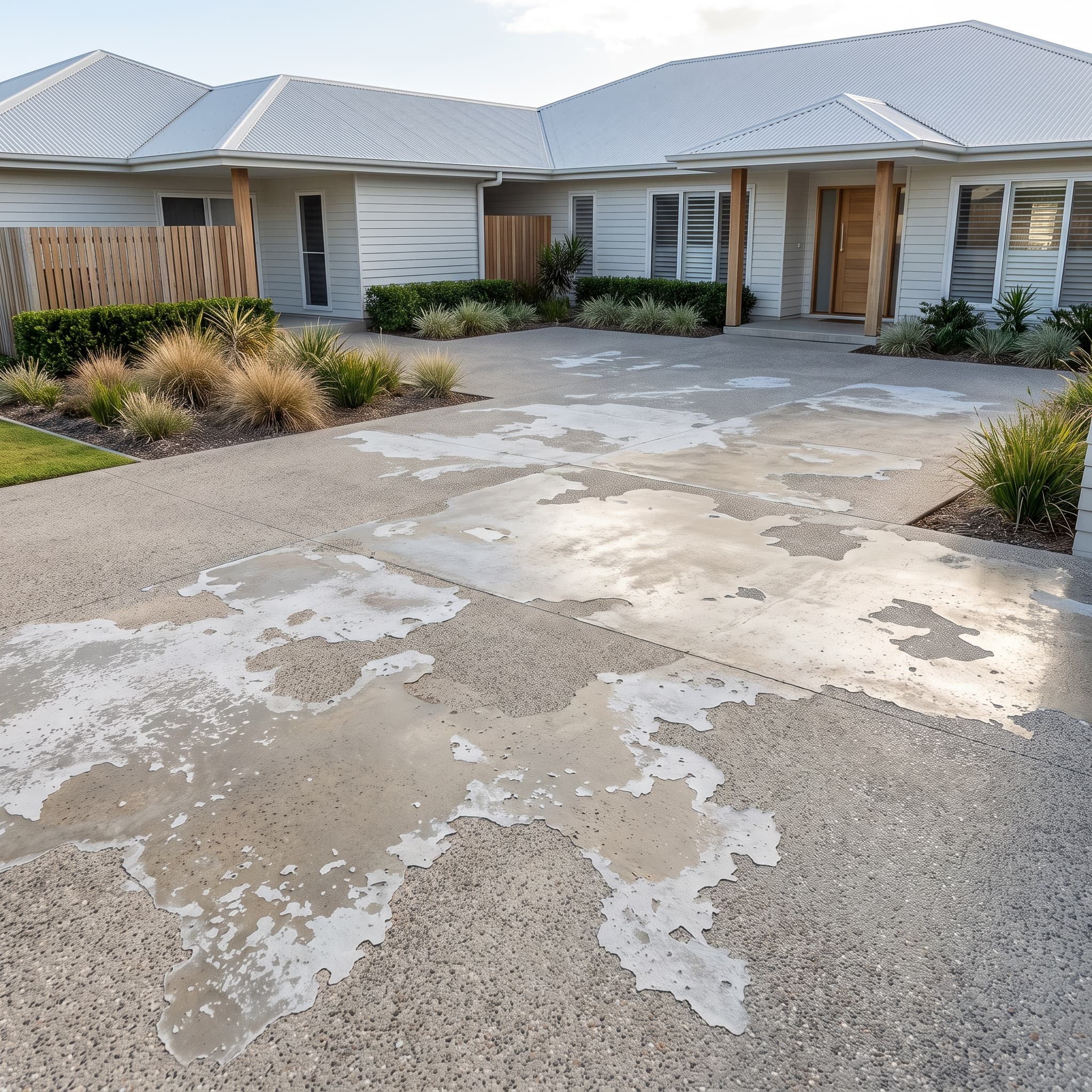 Large residential concrete area with peeling sealer and patchy failed coating