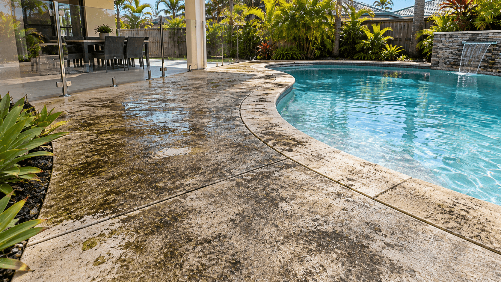 Stained, mould-affected pool surround before cleaning