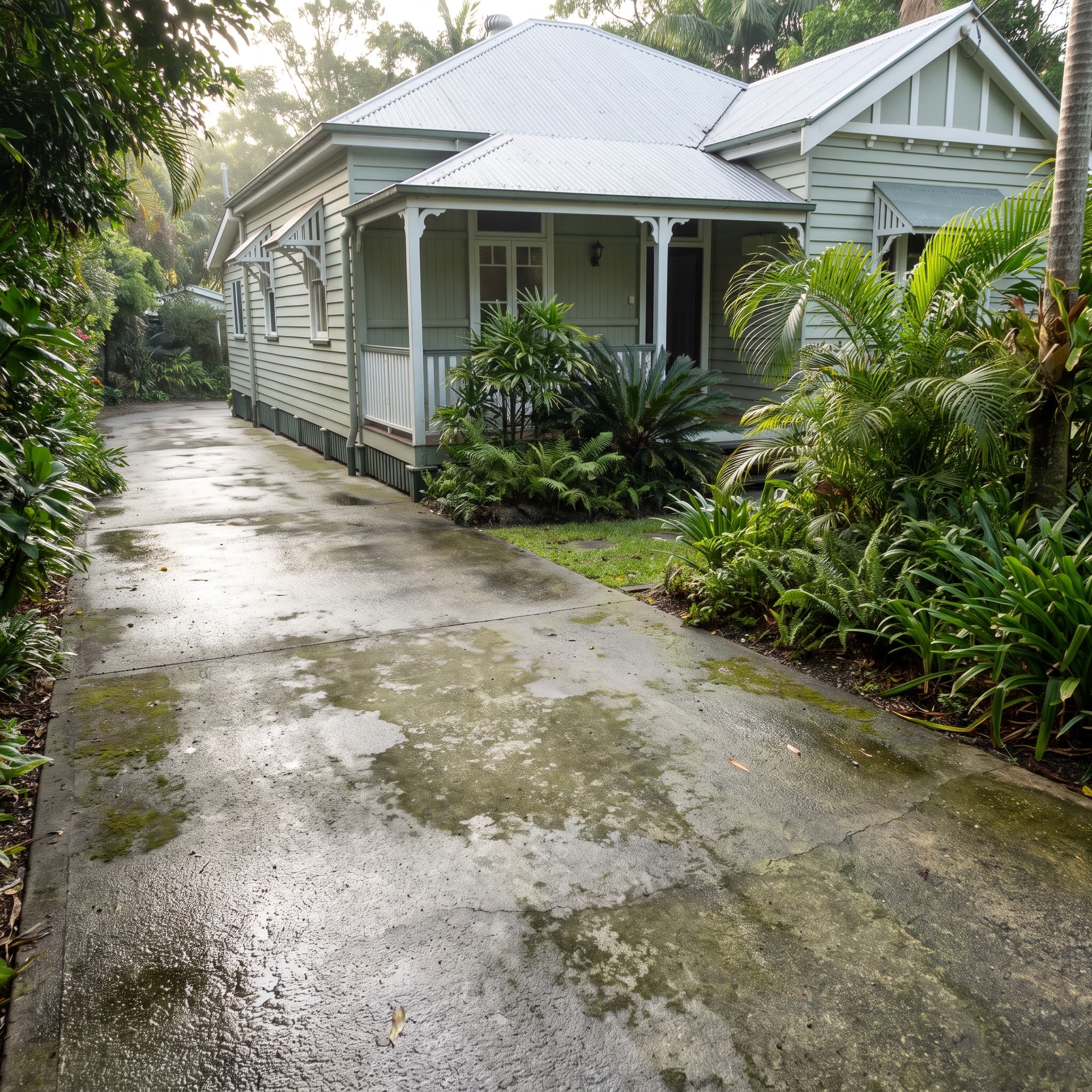 Damp concrete path with green surface growth in a shaded area