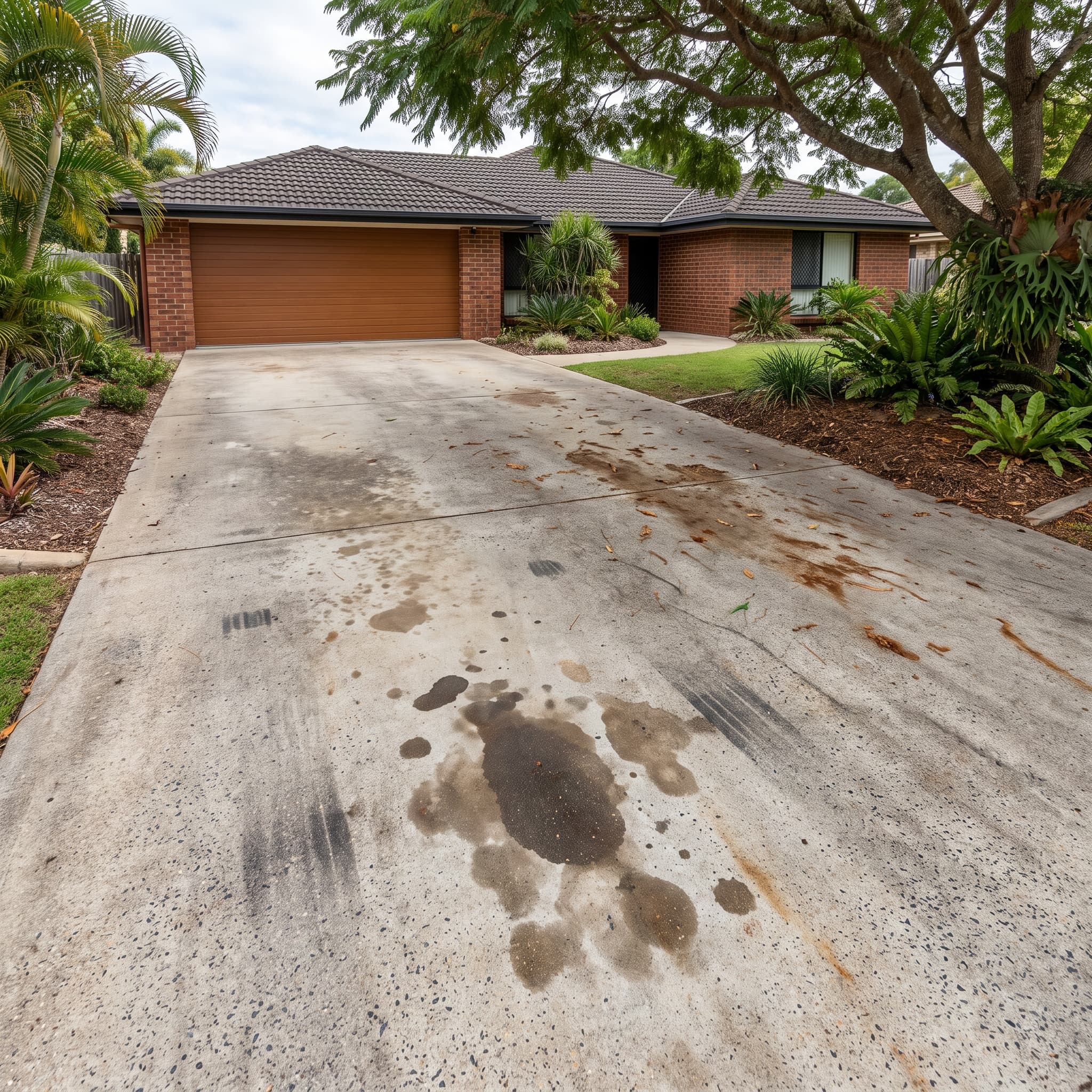 Concrete driveway with dark staining across the surface