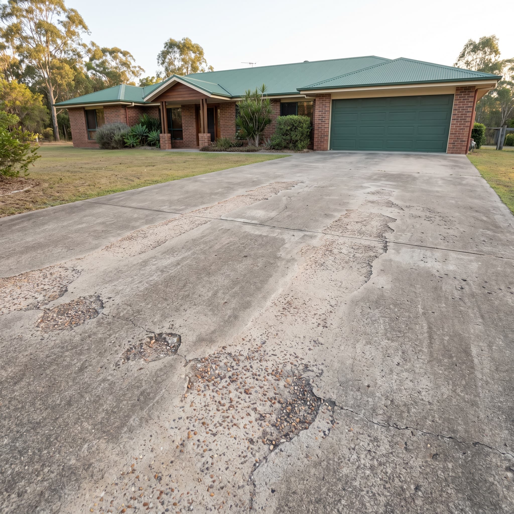 Worn concrete driveway with pitted, flaking surface exposing the aggregate underneath